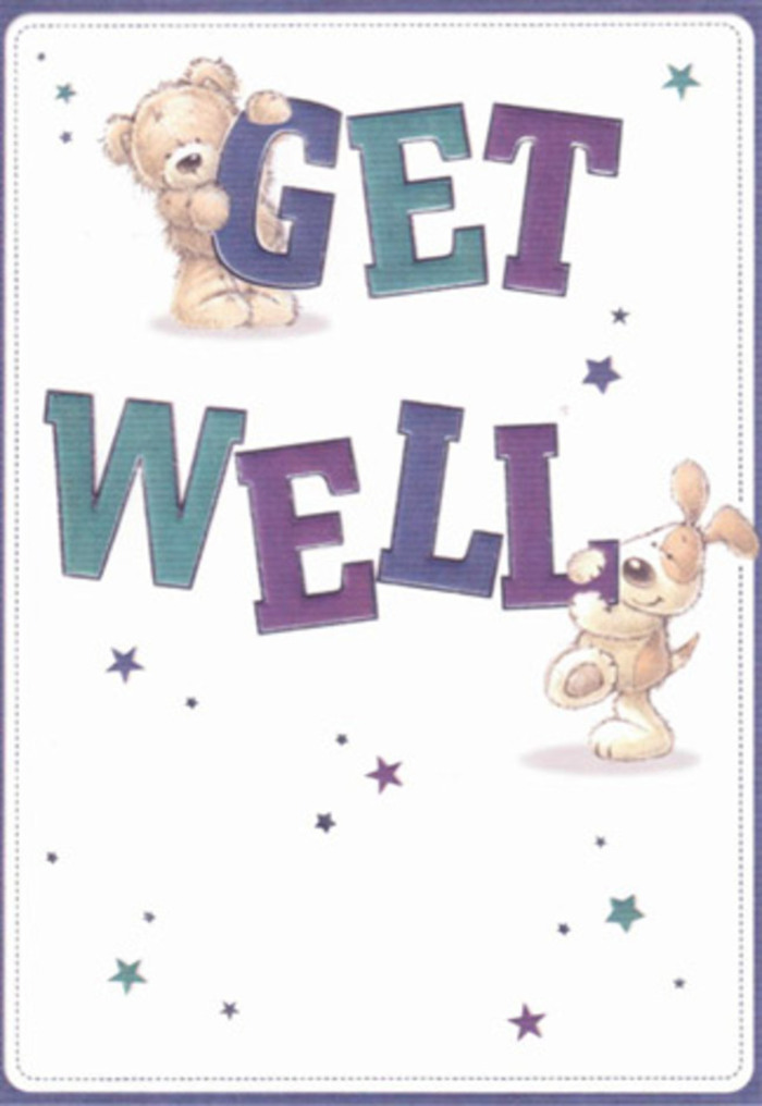 This get well card is a festival of encouragement, echoing Tring's gentle sense of community and well-being. Central to the illustration are a lovable bear and an eager puppy, their friendly faces lit with joy as they cradle and balance the bright, hand-drawn letters spelling out 'Get Well.' Swirling around them are dazzling stars in aquas and purples-suggesting waves of hope and the promise of brighter tomorrows. The soft cream backdrop lends a fresh, clean contrast, reminiscent of spring mornings along Akeman Street or a table brightened by a hand-delivered bouquet from a trusted Tring florist. Textures are lovingly depicted; you almost feel the downy fur of the bear, the silky ears of the puppy, as tactile as blossoms awaiting delivery. Every brushstroke imbues the scene with reassurance, much like each flower chosen for arrangement and comfort. Picture this card nestled beside fresh blooms from Flower Delivery Tring-together, a partnership in encouragement. The buoyant typography and pastel palette evoke both innocence and heartfelt hope, making this card an ideal way to help lift spirits and brighten recovery for all ages in Tring.